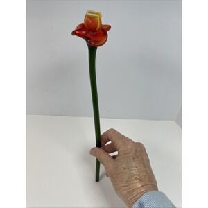 Beautiful Hand Blown Art Glass Murano Style Orange Long Stem Glass Flower 12"